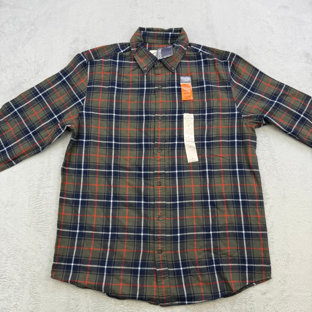 St Johns Bay Flannel Shirt Mens Large Green Plaid‎ Signature Long Sleeve Classic